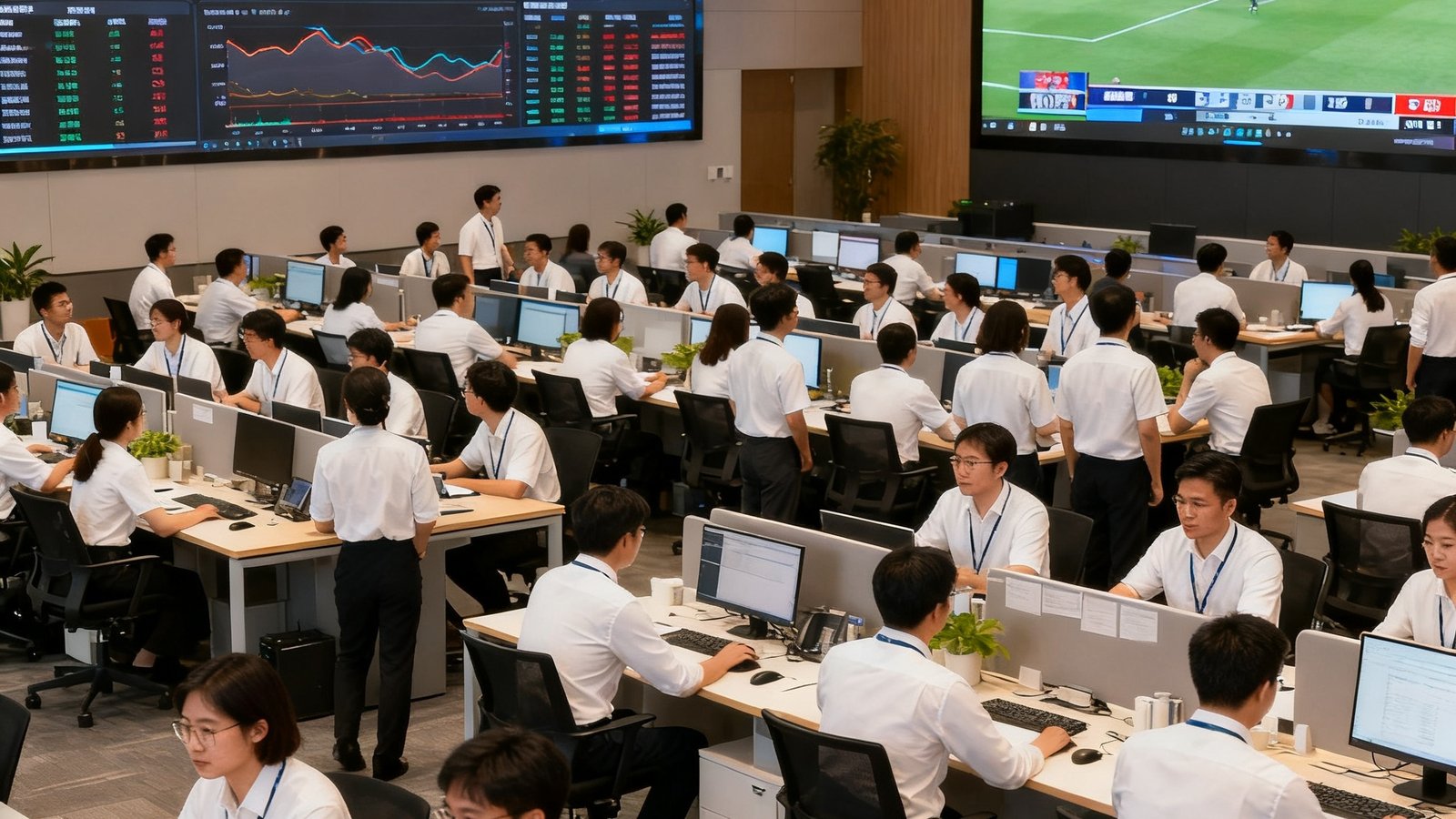 风速体育上海浦东总部团队合影，320名员工在开放式办公空间协作，背景展示实时数据监控大屏和赛事直播画面
